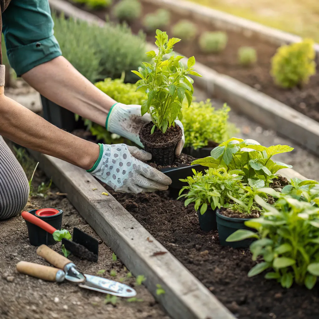 Hands arranging plants